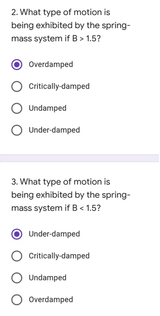 2. What type of motion is
being exhibited by the spring-
mass system if B > 1.5?
Overdamped
Critically-damped
O Undamped
Under-damped
3. What type of motion is
being exhibited by the spring-
mass system if B < 1.5?
Under-damped
Critically-damped
Undamped
Overdamped
