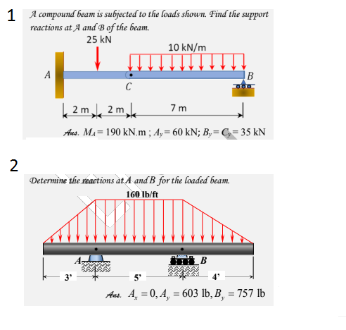 1 A compound beam is subjected to the loads shown. Find the support
reactions at A and B of the beam.
25 kN
10 kN/m
A
C
| 2 m 2 m.
7 m
Aus. Ma= 190 kN.m; A,= 60 kN; B,= C= 35 kN
2
Determine the reactions at A and B for the loaded beam.
160 Ib/ft
B
3'
5"
Aus. A = 0, A, = 603 lb, B, = 757 lb
%3D
