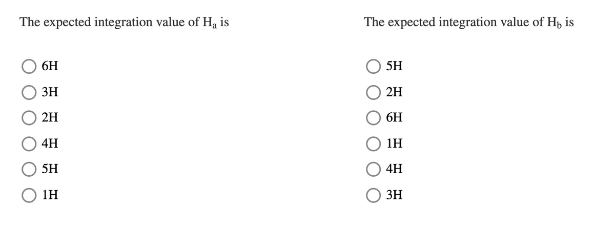 The expected integration value of Ha is
The expected integration value of Hp is
6H
5H
3H
2H
2H
6H
4H
1H
5H
4H
1H
3H
