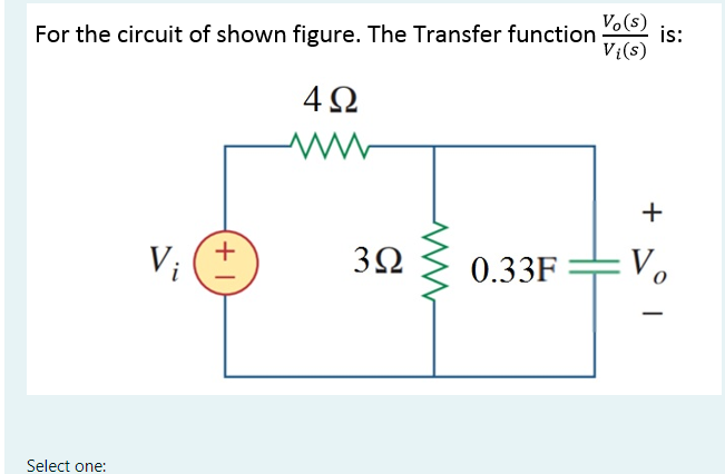 V.(s)
For the circuit of shown figure. The Transfer function
is:
Vi(s)
+
i
0.33F
V.
Select one:
