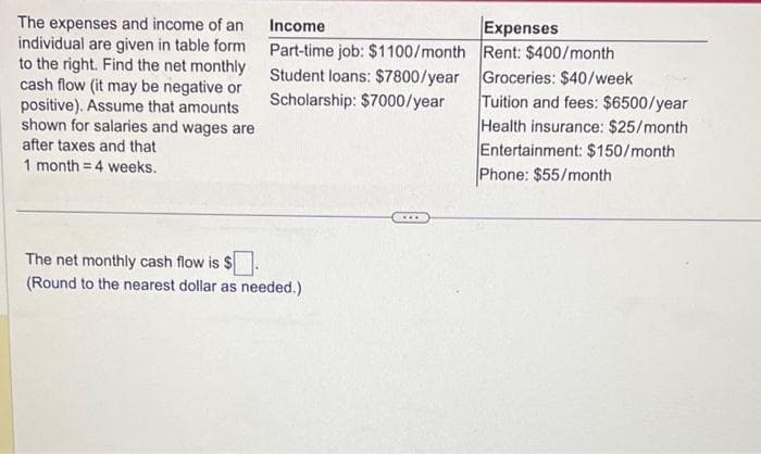 The expenses and income of an
individual are given in table form
to the right. Find the net monthly
cash flow (it may be negative or
positive). Assume that amounts
shown for salaries and wages are
after taxes and that
1 month= 4 weeks.
Income
Part-time job: $1100/month
Student loans: $7800/year
Scholarship: $7000/year
The net monthly cash flow is $
(Round to the nearest dollar as needed.)
...
Expenses
Rent: $400/month
Groceries: $40/week
Tuition and fees: $6500/year
Health insurance: $25/month
Entertainment: $150/month
Phone: $55/month