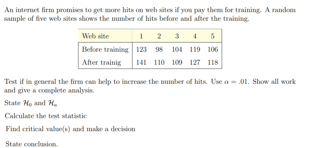 An internet firm promises to get more hits on web sites if you pay them for training. A random
sample of five web sites shows the number of hits before and after the training.
Web site
1
3
4
Before training | 123
98
104
119
106
After trainig
141
110
109
127
118
Test if in general the firm can help to increase the number of hits. Use a = .01. Show all work
and give a complete analysis.
State Ho and Ha
Calculate the test statistic
Find critical value(s) and make a decision
State conclusion.
