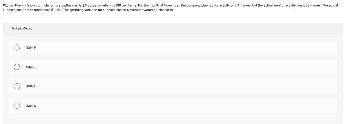 Pittman Framing's cost formula for its supplies cost is $1,160 per month plus $16 per frame. For the month of November, the company planned for activity of 614 frames, but the actual level of activity was 606 frames. The actual
supplies cost for the month was $11,150. The spending variance for supplies cost in November would be closest to:
Multiple Choice
$294 F
$166 U
$166 F
$294 U