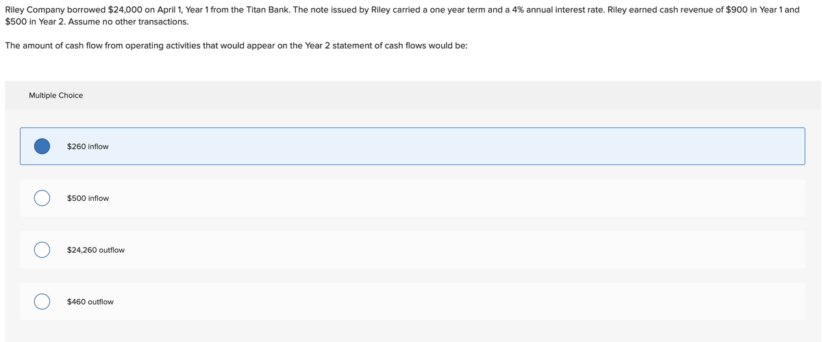 Riley Company borrowed $24,000 on April 1, Year 1 from the Titan Bank. The note issued by Riley carried a one year term and a 4% annual interest rate. Riley earned cash revenue of $900 in Year 1 and
$500 in Year 2. Assume no other transactions.
The amount of cash flow from operating activities that would appear on the Year 2 statement of cash flows would be:
Multiple Choice
O
O
O
$260 inflow
$500 inflow
$24,260 outflow
$460 outflow