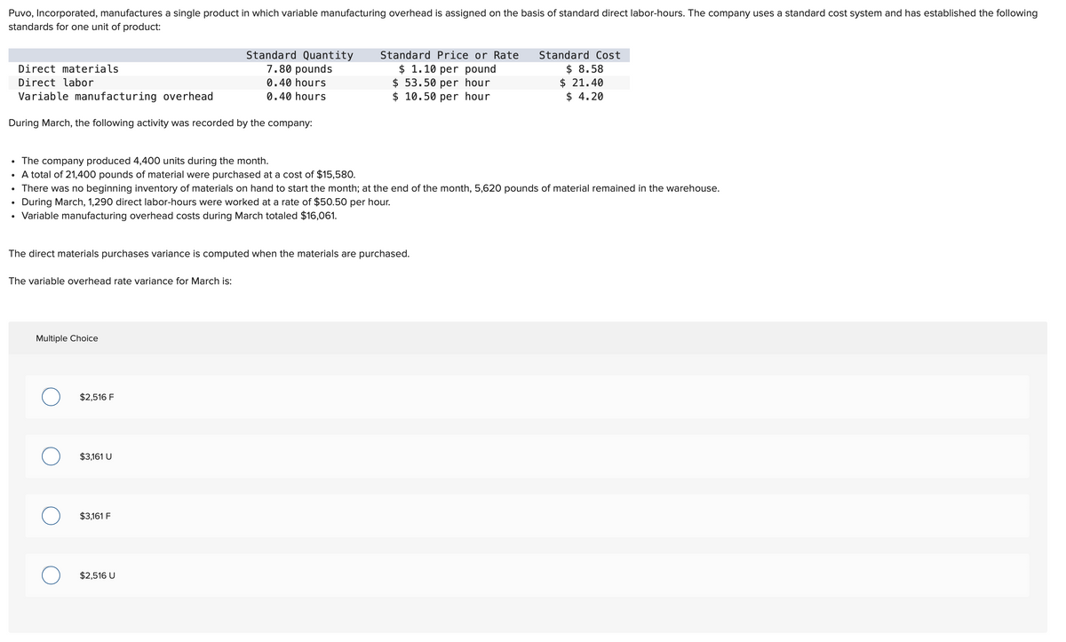 Puvo, Incorporated, manufactures a single product in which variable manufacturing overhead is assigned on the basis of standard direct labor-hours. The company uses a standard cost system and has established the following
standards for one unit of product:
Direct materials
Direct labor
Variable manufacturing overhead
During March, the following activity was recorded by the company:
The company produced 4,400 units during the month.
• A total of 21,400 pounds of material were purchased at a cost of $15,580.
●
• There was no beginning inventory of materials on hand to start the month; at the end of the month, 5,620 pounds of material remained in the warehouse.
During March, 1,290 direct labor-hours were worked at a rate of $50.50 per hour.
Variable manufacturing overhead costs during March totaled $16,061.
The variable overhead rate variance for March is:
The direct materials purchases variance is computed when the materials are purchased.
Multiple Choice
Standard Quantity
7.80 pounds
0.40 hours
0.40 hours
$2,516 F
$3,161 U
$3,161 F
Standard Price or Rate
$ 1.10 per pound
$ 53.50 per hour
$10.50 per hour
$2,516 U
Standard Cost
$ 8.58
$ 21.40
$ 4.20