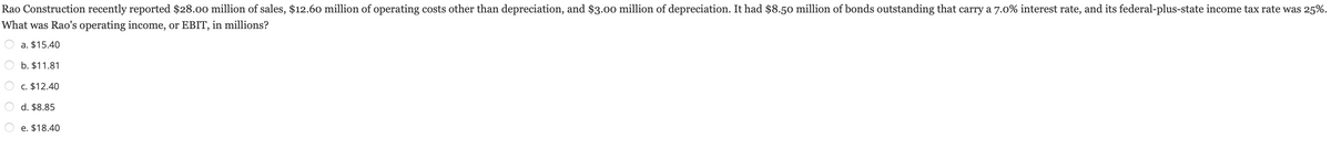 ### Sample Finance Problem – Calculation of Operating Income

**Problem Statement:**

Rao Construction recently reported $28.00 million of sales, $12.60 million of operating costs other than depreciation, and $3.00 million of depreciation. It had $8.50 million of bonds outstanding that carry a 7.0% interest rate, and its federal-plus-state income tax rate was 25%. What was Rao's operating income, or EBIT, in millions?

**Options:**
a. $15.40
b. $11.81
c. $12.40
d. $8.85
e. $18.40

---

**Solution Explanation:**

The operating income, or Earnings Before Interest and Taxes (EBIT), is calculated by subtracting operating costs and depreciation from sales. Here's the step-by-step calculation:

1. **Sales:** $28.00 million
2. **Operating Costs (other than depreciation):** $12.60 million
3. **Depreciation:** $3.00 million

**Formula for Operating Income:**
\[ \text{Operating Income (EBIT)} = \text{Sales} - \text{Operating Costs} - \text{Depreciation} \]

**Calculation:**
\[ \text{EBIT} = \$28.00 \, \text{million} - \$12.60 \, \text{million} - \$3.00 \, \text{million} \]
\[ \text{EBIT} = \$12.40 \, \text{million} \]

Thus, the operating income (EBIT) for Rao Construction is **$12.40 million**.

Therefore, the correct answer is:
**c. $12.40**

For educational purposes, let's illustrate the calculation visually in a step-by-step manner:

### Step-by-Step Visual Explanation:

1. **Sales Revenue:**
   - Represented by a full bar of $28.00 million.

2. **Subtract Operating Costs:**
   - A segment of $12.60 million is removed from the $28.00 million bar.

3. **Subtract Depreciation:**
   - An additional segment of $3.00 million is removed from the remaining amount.

4. **Resulting in Operating Income (EBIT):**
   - The final segment left represents $12.40 million. 

This visually breaks down how the sales revenue is reduced by operating