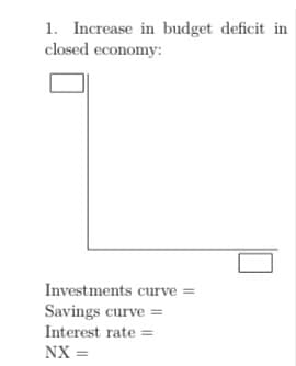 1. Increase in budget deficit in
closed economy:
Investments curve =
Savings curve =
Interest rate=
NX =