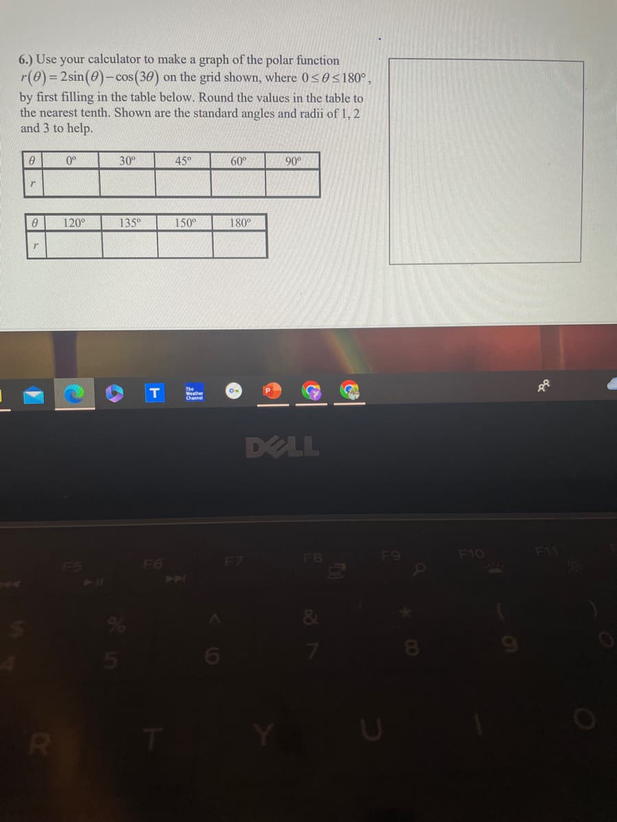 6.) Use your calculator to make a graph of the polar function
r(0)=2sin (0) - cos (30) on the grid shown, where 0≤0≤180°,
by first filling in the table below. Round the values in the table to
the nearest tenth. Shown are the standard angles and radii of 1, 2
and 3 to help.
0
r
0
r
R
0°
120°
30⁰
135°
A
45°
150⁰
The
T weather
60⁰
180°
F7
90°
F8
F9
F10
F11
