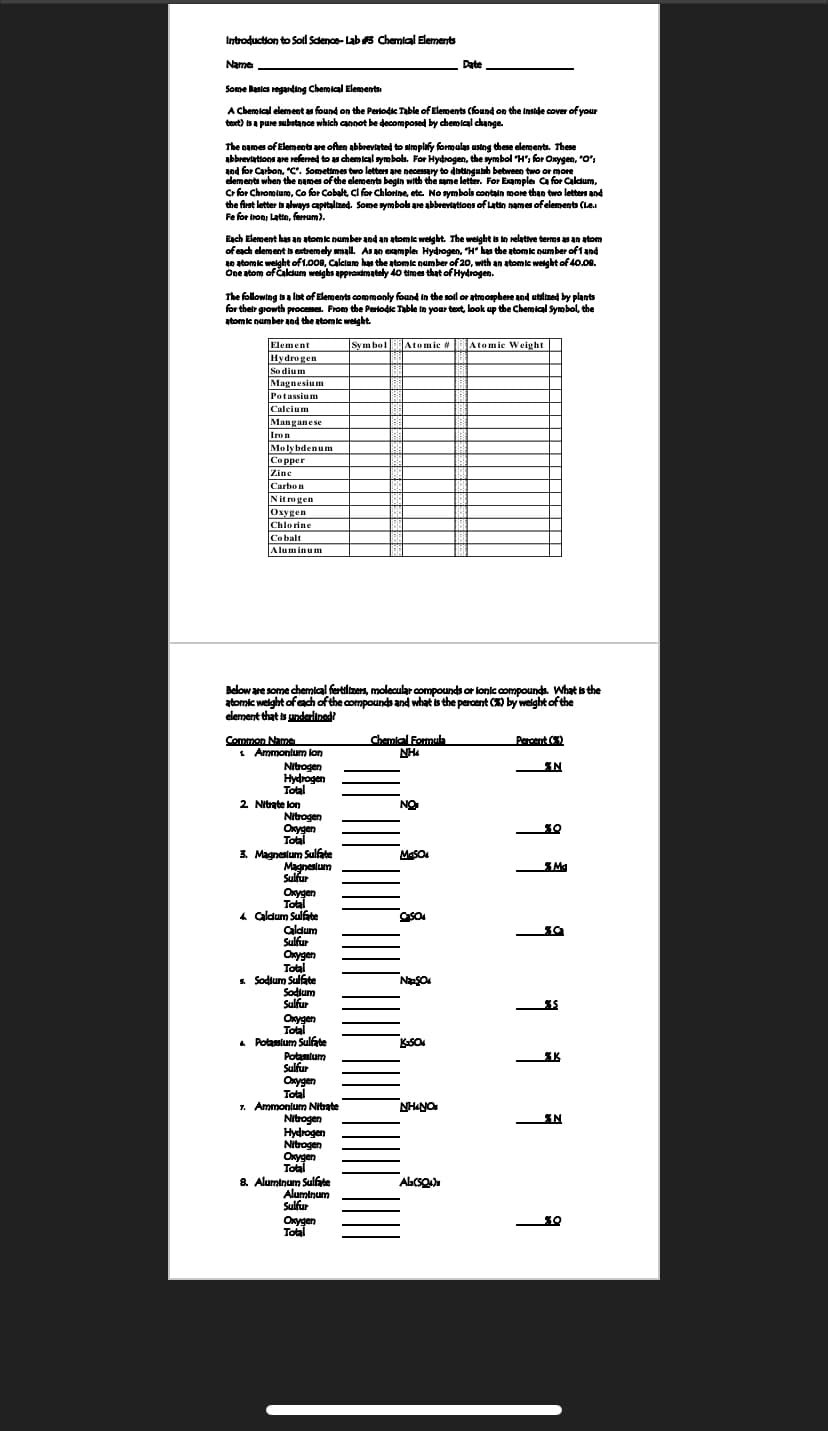 Introduction to Soll Scdence- Lab 3 Chemial Elements
Name
Date
Some lasics regarding Chemical Elements
A Chemical element found on the Perlodic Table of Elements (found on the Inside cover of your
text) isa pure substance which cannot be decomposed by chemical change.
The names of Elements are often abbrevlated to slmplify formoulas ustng these elements. These
abbreviations are refened to u chemical symbols. For Hydrogen, the symbol "H', for Onygen, "O,
and for Carbon, "C. Sometimes two letters are necessary to distingutsh bebween two or more
elements when the names of the elements begin with the sume letter. For Example Ca for Caldum.
Cr for Chromlum, Co for Cobalt, Cl for Chlorine, etc. No symbols contain more than two letters and
the first letter is always capitalized. Some symbolk are abbrevlations of Latin names ofelements (Le.
Fe for Iron; Latin, ferrum).
Each Element has an atomic number and an atomic welght. The welght is in relative ternos as an atom
of exch element is extremely small. As an example Hydrogen, "H has the atomic number of 1and
10 stomic welght of1.008, Calclamm has the atomic number of 20, with an atomic weight of 40.00.
One atom of čalaum welghs approsdmately 40 times that of Hydrogen.
The following is a list of Elements commonly found in the sol or atmospbere and utlized by plants
for their growth proceses. From the Periodic Table in your text, look up the Chemical Symbol, the
atomic number and the atomic welght.
Element
Sym bolAtomic # Atomic Weight
Hydrogen
So dium
Magnesium
Potassium
Calcium
Manganese
Iron
Molybdenum
Copper
Zine
Carbon
Nitrogen
Oxygen
Chlorine
Co balt
Aluminum
Below are some chemial fertilizen, molecular compounds or lonic compounds. What is the
atomic weight of each of the compounds and what is the percent () by weight of the
clement that is ndedined?
Chemial Formula
NH.
Percent 2
Common Name
1 Ammonlum lon
Nitrogen
Hydrogen
Total
2 Nitrate lon
Nitrogen
Onygen
Total
3. Magneslum Sulfate
Magneslum
Sulfur
NO
MaSO
Onygen
Total
4 Caldum Sulfate
aldum
Sulfur
Onygen
Total
5 Sodium Sulfate
Sodjum
Sulfur
Oxygen
Total
4 Potaslum Sulfite
Potaslum
Sulfur
Onygen
Total
7. Ammonlum Nitrate
Nitrogen
Hydrogen
Nitrogen
Onygen
Total
8. Aluminum Sulfite
Aluminum
Sulfur
Onygen
Total
KSO
SK
NHANO
AlacsQ
