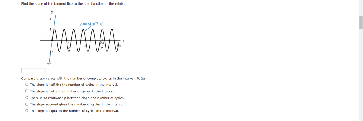Find the slope of the tangent line to the sine function at the origin.
y
y= sin(7 x)
1
Compare these values with the number of complete cycles in the interval [0, 2n].
O The slope is half the the number of cycles in the interval.
O The slope is twice the number of cycles in the interval.
O There is no relationship between slope and number of cycles.
O The slope squared gives the number of cycles in the interval.
O The slope is equal to the number of cycles in the interval.
