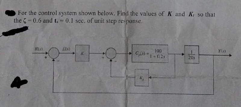 For the control system shown below. Find the values of K and K, so that
the = 0.6 and t. = 0.1 sec. of unit step response.
Ris)
Ets)
K
100
C₁(s) = 1 +0.25
41
X₁
20s
Y(s)