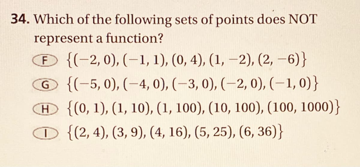 34. Which of the following sets of points does NOT
represent a function?
® {(-2, 0), (–1, 1), (0, 4), (1, –2), (2, –6)}
{(-5, 0), (-4, 0), (–3, 0), (–2, 0), (-1,0)}
H {(0, 1), (1, 10), (1, 100), (10, 100), (100, 1000)}
O {{2,4), (3, 9), (4, 16), (5, 25), (6, 36)}
|
