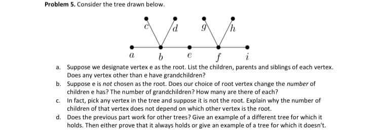 Problem 5. Consider the tree drawn below.
a
b
e
f
i
a. Suppose we designate vertex e as the root. List the children, parents and siblings of each vertex.
Does any vertex other than e have grandchildren?
b. Suppose e is not chosen as the root. Does our choice of root vertex change the number of
children e has? The number of grandchildren? How many are there of each?
c.
In fact, pick any vertex in the tree and suppose it is not the root. Explain why the number of
children of that vertex does not depend on which other vertex is the root.
d.
Does the previous part work for other trees? Give an example of a different tree for which it
holds. Then either prove that it always holds or give an example of a tree for which it doesn't.