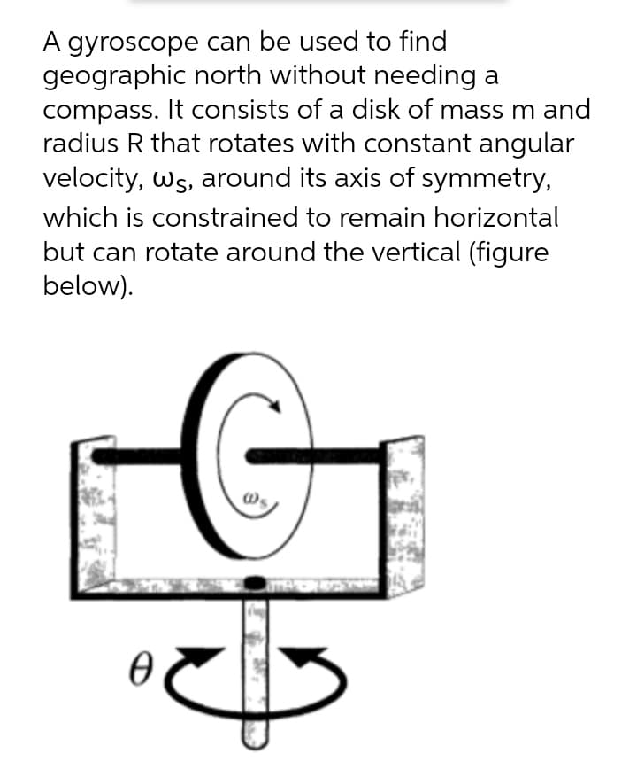 A gyroscope can be used to find
geographic north without needing a
compass. It consists of a disk of mass m and
radius R that rotates with constant angular
velocity, ws, around its axis of symmetry,
which is constrained to remain horizontal
but can rotate around the vertical (figure
below).
