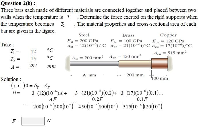 Question 2(b) :
Three bars each made of different materials are connected together and placed between two
walls when the temperature is T . Determine the force exerted on the rigid supports when
the temperature becomes
bar are given in the figure.
T
The material properties and cross-sectional area of each
Steel
Brass
Copper
Take :
Est
200 GPa
Epr = 100 GPa
12(10¬6)/°C abr = 21(10¬")/C acu = 17(10-)/°C
Ecu = 120 GPa
ast =
T =
12
°C
Acu = 515 mm²
T, =
°C
|Ast = 200 mm² Abr = 450 mm?
15
297
A =
mm
A mm
200 mm
Solution :
mm
(+ +)0 = 8p – 87
0 =
3 (12)(10-)A+
3 (21)(10 )(0.2)+ 3 (17)(10)(0.1)...
AF
0.2F
0.1F
200(10- 200(10°)
450(10- 100(10°)
515(10-6120(10°)
F =
N
