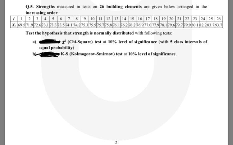 Q.5. Strengths measured in tests on 26 building elements are given below arranged in the
increasing order:
I12 3 4 56 78 9 10 11 12 13 14 15 16 17 18 19 20 21 22 23 24 25 26
X 69.571.972.673.173.373.5 74.174.275.375.575.775.8 76.176.2 76.276.977.0 77.9 78.179.679.779.9 80.182.283.793.7
Test the hypothesis that strength is normally distributed with following tests:
a)
(Chi-Square) test at 10% level of significance (with 5 class intervals of
equal probability)
K-S (Kolmogorov-Smirnov) test at 10% level of significance.
2.
