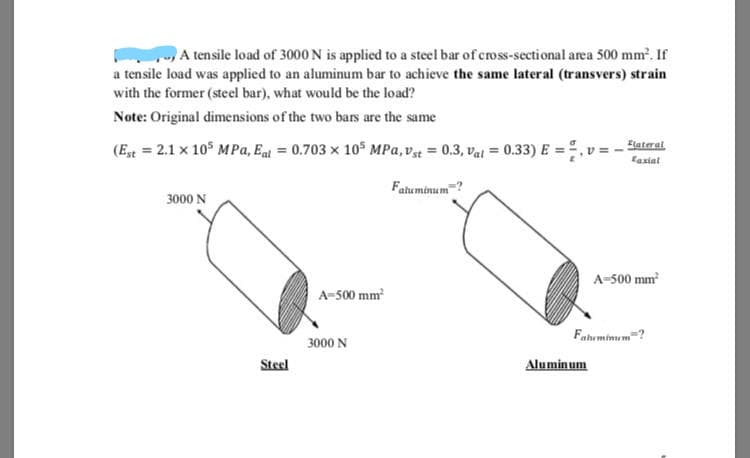 A tensile load of 3000 N is applied to a steel bar of cross-sectional area 500 mm. If
a tensile load was applied to an aluminum bar to achieve the same lateral (transvers) strain
with the former (steel bar), what would be the load?
Note: Original dimensions of the two bars are the same
(Est = 2.1 x 10 MPa, Eat = 0.703 x 10$ MPa, v = 0.3, vat = 0.33) E = ", v = - Eiatral
Faxial
Fatuminum
3000 N
A-500 mm
A-500 mm
Fahuminum?
3000 N
Steel
Aluminum
