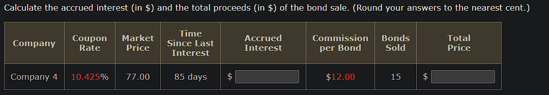 Calculate the accrued interest (in $) and the total proceeds (in $) of the bond sale. (Round your answers to the nearest cent.)
Company
Company 4
Coupon Market
Rate
Price
10.425%
77.00
Time
Since Last
Interest
85 days
$
Accrued
Interest
Commission
per Bond
$12.00
Bonds
Sold
15 $
Total
Price
