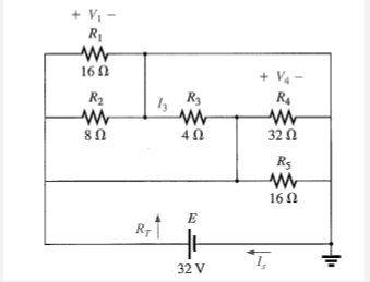 + V -
R1
160
+ V4 -
R2
R3
R4
80
32 Ω
Rs
16 0
RT
32 V
