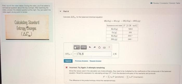 E Revie Contante Perodic Tacie
Firt, nch the video beo. During the de you be ateda
corcepuat queeson about the ay concept. Ater watoning me
vides, anaer the reldut qution at tu night You cani wah he
- Part A
videe agan aty po e
Calte AS tor the baianced chemical equaton
H,S(e) + 30,le - 2H,Ole) +2S0 (e
Colculoting Stondard
Entropy Chonges
(AS)
Subetanand taeS /(K-ol
HOe
1888
Ole)
206
2057
2481
- 176.8
AS
J/K
Subn
h An nt Anam
X Incorrect, Try Again attempts remaining
Sohe ede tonmorentopes, hey nedo be mutoted ty he coeficem of the compounds ne banced
ten Recalthe expresion tor caltng ey (S)o
denropes of the reactanta nd products
S-ENS (produrt) - Es (actanta)
The di e produty minshe
