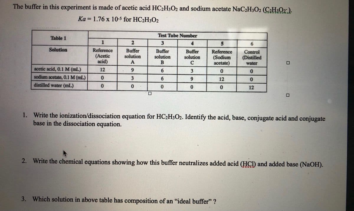 The buffer in this experiment is made of acetic acid HC2H3O2 and sodium acetate NaC2H3O2 (C;H¿Or ).
Ka = 1.76 x 10-5 for HC2H3O2
Test Tube Number
Table 1
1
4
6.
Solution
Reference
(Acetic
acid)
Buffer
solution
A
Buffer
solution
Buffer
solution
C
Reference
(Sodium
acetate)
Control
(Distilled
water
acetic acid, 0.1 M (mL)
12
3
sodium acetate, 0.1 M (mL)
3
6.
12
distilled water (mL)
0.
12
1. Write the ionization/dissociation equation for HC2H3O2. Identify the acid, base, conjugate acid and conjugate
base in the dissociation equation.
2. Write the chemical equations showing how this buffer neutralizes added acid (HCI) and added base (NaOH).
3. Which solution in above table has composition of an "ideal buffer" ?
