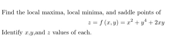 Find the local maxima, local minima, and saddle points of
z = f (x,y) = x² + y* + 2xy
Identify x,y,and z values of each.
