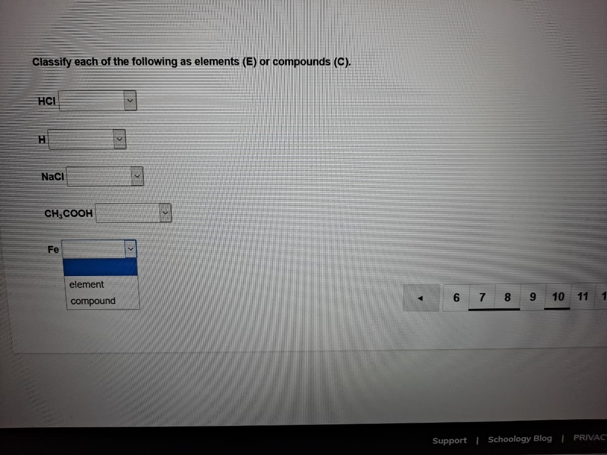 Classify each of the following as elements (E) or compounds (C).
HCI
H.
NaCl
CH,COOH
Fe
element
compound
7
8 9 10 11 1
Support | Schoology Blog | PRIVAC"
