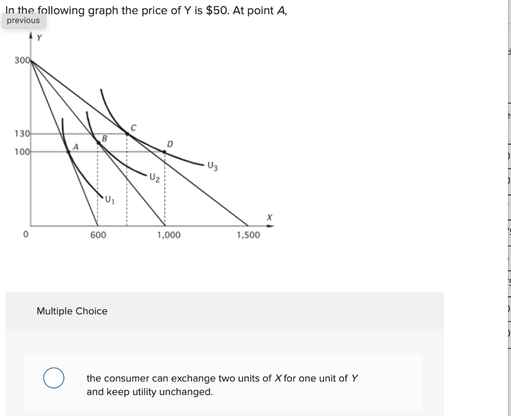 In the following graph the price of Y is $50. At point A,
previous
300
130
100
0
A
600
Multiple Choice
U₂
1,000
U3
1,500
the consumer can exchange two units of X for one unit of Y
and keep utility unchanged.
e
)
)
C
)