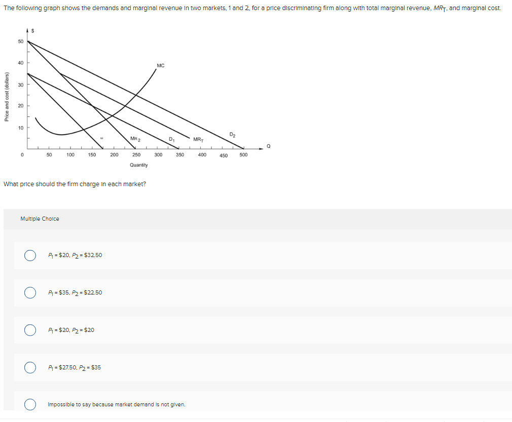 The following graph shows the demands and marginal revenue in two markets, 1 and 2, for a price discriminating firm along with total marginal revenue, MRT, and marginal cost.
Price and cost (dollars)
50
40
30
20
10
0
50
Multiple Choice
O
100
150
What price should the firm charge in each market?
P₁ = $20, P₂ = $32.50
P₁ = $35. P₂- $22.50
=
P₁ = $20, P2 = $20
200
P₁ = $27.50, P₂ = $35
MR2
250
Quantity
MC
300
D₁
L
350
Impossible to say because market demand is not given.
MRT
400
450
D₂
500
Q