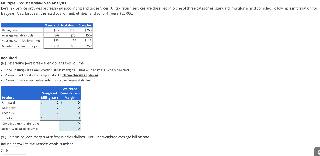 Multiple Product Break-Even Analysis
Joe's Tax Service provides professional accounting and tax services. All tax return services are classified into one of three categories: standard, multiform, and complex. Following is information for
last year. Also, last year, the fixed cost of rent, utilities, and so forth were $65,000.
Billing rate
Average variable costs
Average contribution margin
Number of returns prepared 1,750
Product
Standard
Multiform
Complex
Total
Standard Multiform Complex
$265
(150)
$115
250
Contribution margin ratio:
Break-even sales volume:
$65
(30)
$35
Required
(a.) Determine Joe's break-even dollar sales volume.
• Enter billing rates and contribution margins using all decimals, when needed.
• Round contribution margin ratio to three decimal places.
• Round break-even sales volume to the nearest dollar.
5
Weighted
Weighted Contribution
Billing Rate
Margin
S
0 $
0
$140
(75)
$65
500
0
0 $
$
0
0
0
0
0
0
(b.) Determine Joe's margin of safety in sales dollars. Hint: Use weighted average billing rate.
Round answer to the nearest whole number.
$0