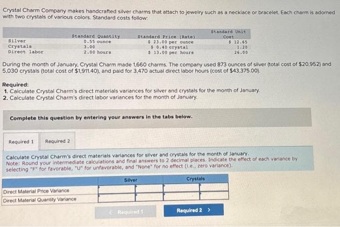 Crystal Charm Company makes handcrafted silver charms that attach to jewelry such as a necklace or bracelet. Each charm is adorned
with two crystals of various colors. Standard costs follow:
Silver
Crystals
Direct labor
Standard Quantity
0.55 ounce
3.00
2.00 hours
Standard Price (Rate).
$ 23.00 per ounce
$0.40 crystal
$ 13.00 per hours.
During the month of January, Crystal Charm made 1,660 charms. The company used 873 ounces of silver (total cost of $20,952) and
5,030 crystals (total cost of $1,911.40), and paid for 3,470 actual direct labor hours (cost of $43,375.00).
Required:
1. Calculate Crystal Charm's direct materials variances for silver and crystals for the month of January.
2. Calculate Crystal Charm's direct labor variances for the month of January.
Complete this question by entering your answers in the tabs below.
Direct Material Price Variance
Direct Material Quantity Variance
Standard Unit
Cost
$ 12.65
1.20
26.00
Required 1 Required 2
Calculate Crystal Charm's direct materials variances for silver and crystals for the month of January.
Note: Round your intermediate calculations and final answers to 2 decimal places. Indicate the effect of each variance by
selecting "F" for favorable, "U" for unfavorable, and "None" for no effect (1.e., zero variance).
Silver
Crystals
Required 1
Required 2 >