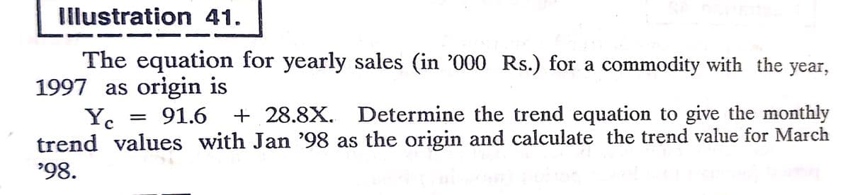 Illustration 41.
The equation for yearly sales (in '000 Rs.) for a commodity with the year,
1997 as origin is
Ye
trend values with Jan '98 as the origin and calculate the trend value for March
'98.
91.6
+ 28.8X. Determine the trend equation to give the monthly
