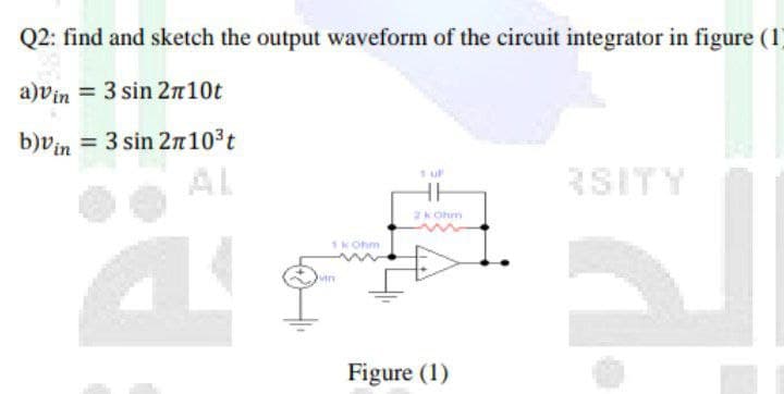 Q2: find and sketch the output waveform of the circuit integrator in figure (1)
a)vin = 3 sin 2n10t
b)vin = 3 sin 2n103t
AL
RSITY
2k Ohm
1kOhm
Figure (1)
