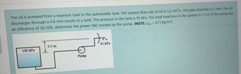 The oil is pumped from a reservoir tank to the automobile tank. The volume flow rate of oil is 3,2 cm/s. The pipe diameter is 5 mm. The oil
discharges through a 0.8-mm nozzle in a tank. The pressure in the tank is 95 kPa. The total head loss in the system is 1.1 m. If the pump has
an efficiency of 58,18%, determine the power [W] needed by the pump. (NOTE: Pol = 673 kg/m)
%3!
0.5 m
95 kPa
100 kPa
Pump
