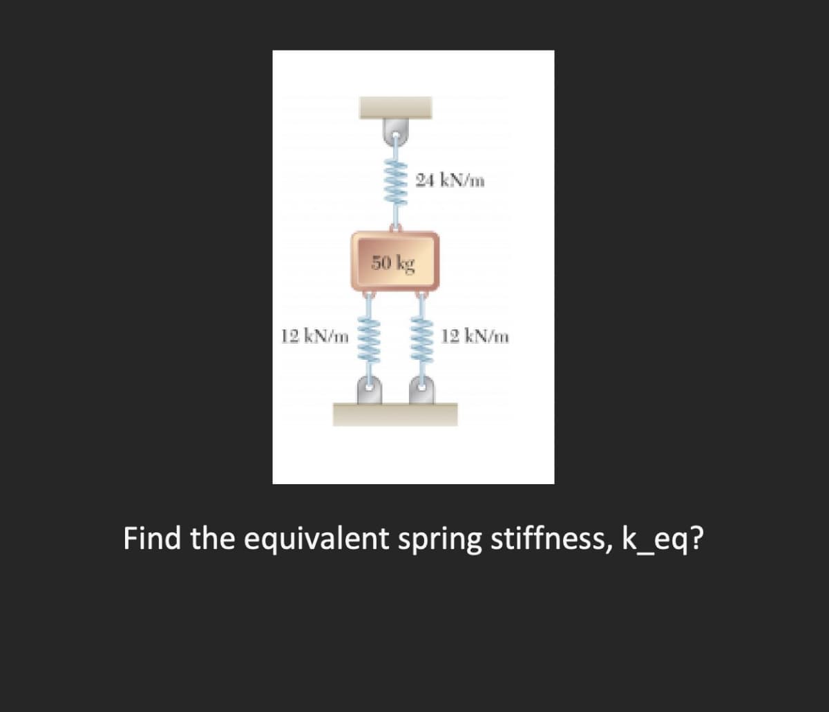 12 kN/m
WWW
24 kN/m
50 kg
12 kN/m
Find the equivalent spring stiffness, k_eq?