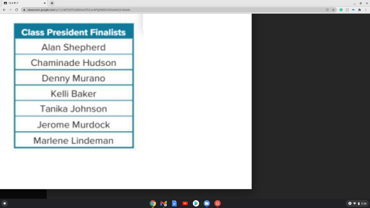 A 12.4 #1-7
A classroom.google.com/u/1/c/MTI3OTU2NDUWOTK3/a/MT95NDE20DUYNZQ3/details
Class President Finalists
Alan Shepherd
Chaminade Hudson
Denny Murano
Kelli Baker
Tanika Johnson
Jerome Murdock
Marlene Lindeman
6 • i 3:56
