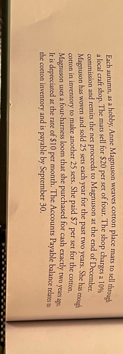 a
Each autumn, as a hobby, Anne Magnuson weaves cotton place mats to sell through
local craft shop. The mats sell for $20 per set of four. The shop charges a 10%
commission and remits the net proceeds to Magnuson at the end of December.
Magnuson has woven and sold 25 sets each year for the past two years. She has enough
cotton in inventory to make another 25 sets. She paid $7 per set for the cotton.
Magnuson uses a four-harness loom that she purchased for cash exactly two years ago.
It is depreciated at the rate of $10 per month. The Accounts Payable balance relates to
the cotton inventory and is payable by September 30.