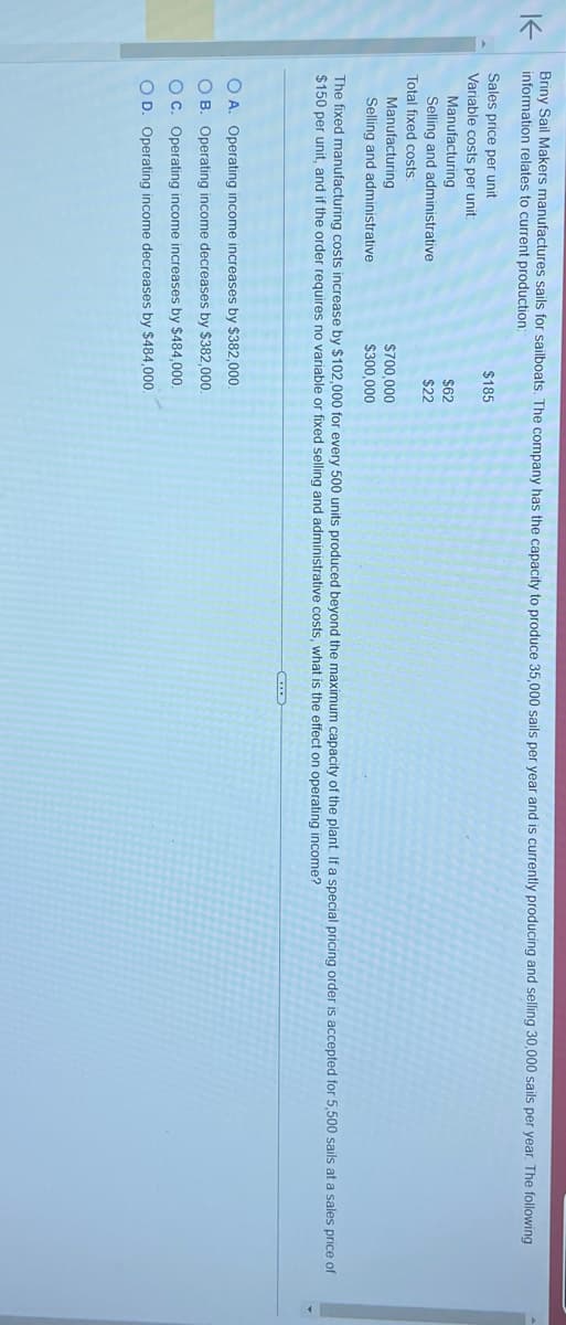 K
Briny Sail Makers manufactures sails for sailboats. The company has the capacity to produce 35,000 sails per year and is currently producing and selling 30,000 sails per year. The following
information relates to current production:
Sales price per unit
Variable costs per unit
Manufacturing
Selling and administrative
Total fixed costs:
Manufacturing
Selling and administrative
$185
$62
$22
$700,000
$300,000
The fixed manufacturing costs increase by $102,000 for every 500 units produced beyond the maximum capacity of the plant. If a special pricing order is accepted for 5,500 sails at a sales price of
$150 per unit, and if the order requires no variable or fixed selling and administrative costs, what is the effect on operating income?
OA. Operating income increases by $382,000.
OB. Operating income decreases by $382,000.
OC. Operating income increases by $484,000.
OD. Operating income decreases by $484,000.