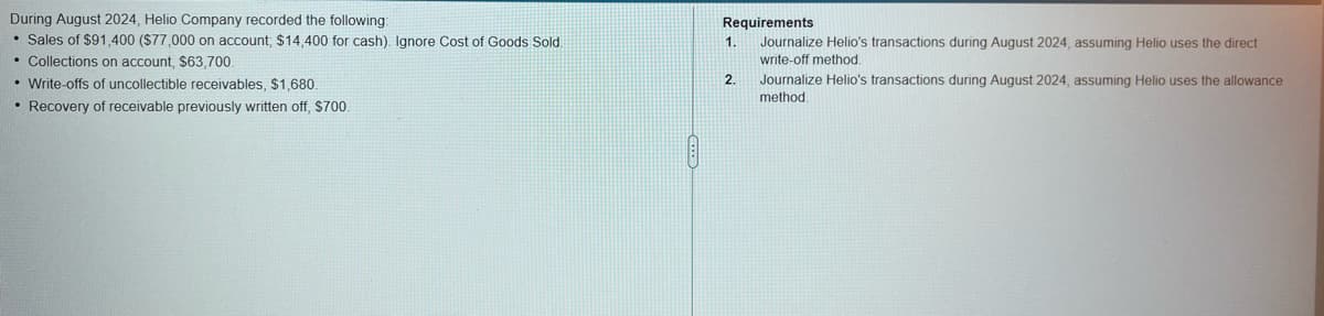 During August 2024, Helio Company recorded the following:
• Sales of $91,400 ($77,000 on account, $14,400 for cash). Ignore Cost of Goods Sold
• Collections on account, $63,700.
• Write-offs of uncollectible receivables, $1,680.
• Recovery of receivable previously written off, $700.
Requirements
Journalize Helio's transactions during August 2024, assuming Helio uses the direct
write-off method.
1.
2.
Journalize Helio's transactions during August 2024, assuming Helio uses the allowance
method.