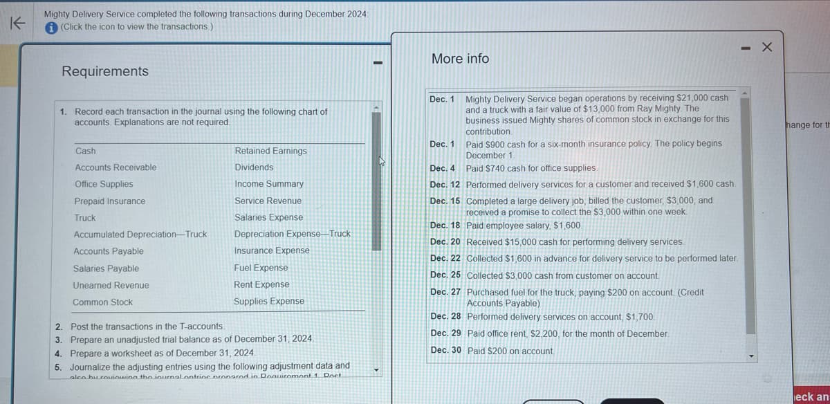 K
Mighty Delivery Service completed the following transactions during December 2024:
i (Click the icon to view the transactions.
Requirements
1. Record each transaction in the journal using the following chart of
accounts. Explanations are not required.
Cash
Accounts Receivable
Office Supplies
Prepaid Insurance
Truck
Accumulated Depreciation-Truck
Accounts Payable
Salaries Payable
Unearned Revenue
Common Stock
Retained Earnings
Dividends
Income Summary
Service Revenue
Salaries Expense
Depreciation Expense Truck
Insurance Expense
Fuel Expense
Rent Expense
Supplies Expense
2.
Post the transactions in the T-accounts.
3. Prepare an unadjusted trial balance as of December 31, 2024.
4. Prepare a worksheet as of December 31, 2024.
5. Journalize the adjusting entries using the following adjustment data and
alco by roviowing the journal ontrios pronarod in Doguiromont 1 Doct
I
More info
Dec. 1
Dec. 1
Mighty Delivery Service began operations by receiving $21,000 cash
and a truck with a fair value of $13,000 from Ray Mighty. The
business issued Mighty shares of common stock in exchange for this
contribution.
Paid $900 cash for a six-month insurance policy. The policy begins
December 1.
Dec. 4
Paid $740 cash for office supplies.
Dec. 12
Performed delivery services for a customer and received $1,600 cash.
Dec. 15 Completed a large delivery job, billed the customer, $3,000, and
received a promise to collect the $3,000 within one week.
Paid employee salary, $1,600.
Dec. 18
Dec. 20
Received $15,000 cash for performing delivery services.
Dec. 22
Collected $1,600 in advance for delivery service to be performed later.
Dec. 25 Collected $3,000 cash from customer on account.
Dec. 27 Purchased fuel for the truck, paying $200 on account. (Credit
Accounts Payable)
Dec. 28 Performed delivery services on account, $1,700.
Dec. 29 Paid office rent. $2,200, for the month of December.
Dec. 30 Paid $200 on account.
- X
hange for th
eck an