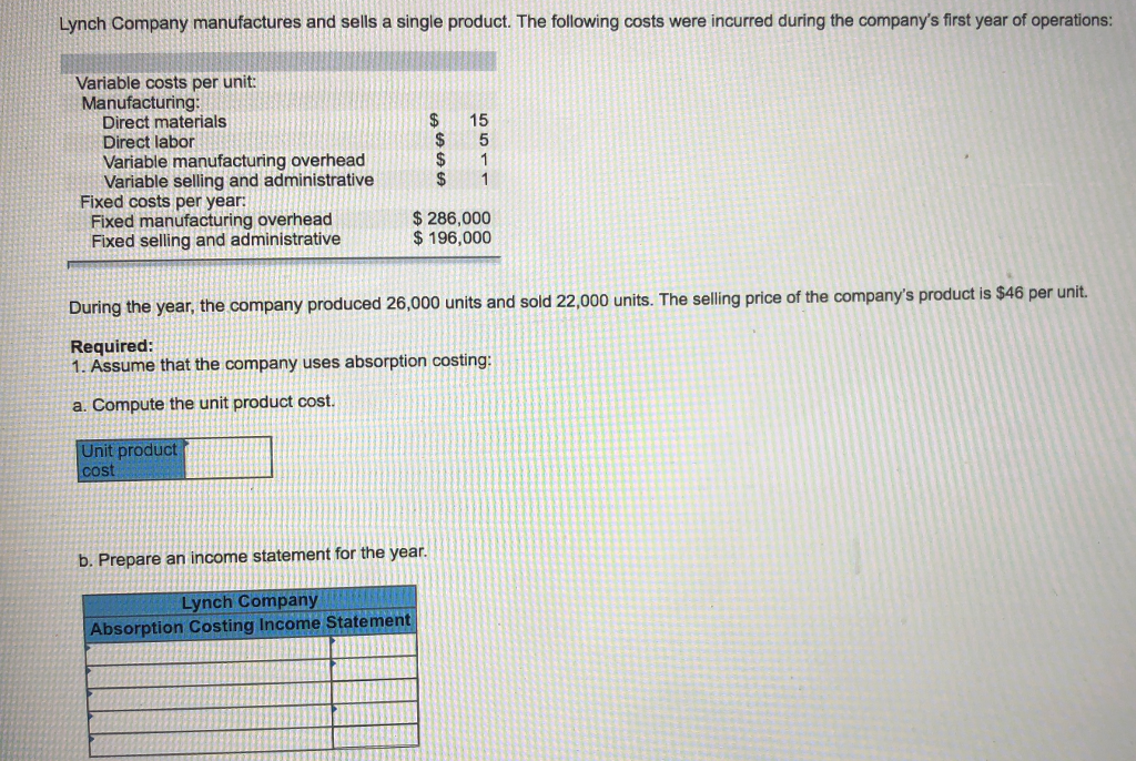 Lynch Company manufactures and sells a single product. The following costs were incurred during the company's first year of operations:
Variable costs per unit:
Manufacturing:
Direct materials
Direct labor
Variable manufacturing overhead
Variable selling and administrative
Fixed costs per year:
Fixed manufacturing overhead
Fixed selling and administrative
Unit product
cost
$
15
$
5
$
1
$ 1
$ 286,000
$ 196,000
During the year, the company produced 26,000 units and sold 22,000 units. The selling price of the company's product is $46 per unit.
Required:
1. Assume that the company uses absorption costing:
a. Compute the unit product cost.
b. Prepare an income statement for the year.
Lynch Company
Absorption Costing Income Statement