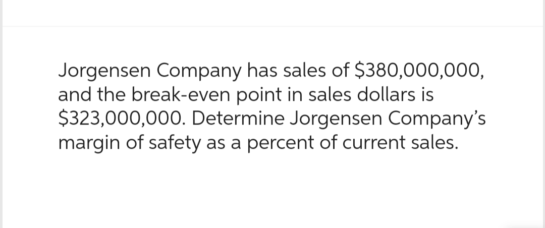 Jorgensen Company has sales of $380,000,000,
and the break-even point in sales dollars is
$323,000,000. Determine Jorgensen Company's
margin of safety as a percent of current sales.