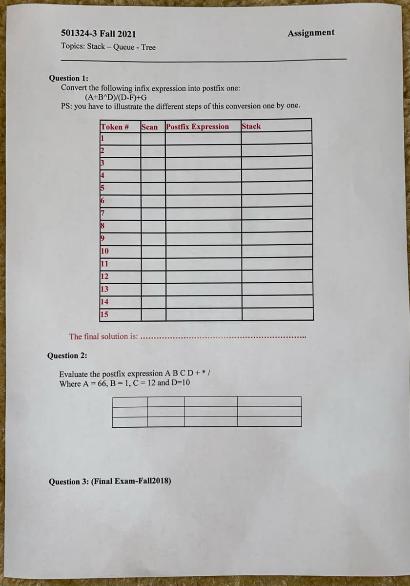 501324-3 Fall 2021
Assignment
Topics: Stack - Queue - Tree
Question 1:
Convert the following infix expression into postfix one:
(A+B^D)/(D-F)+G
PS: you have to illustrate the different steps of this conversion one by one.
Token #
Scan
Postfix Expression
Stack
2
3
14
9
10
11
12
13
14
15
The final solution is:
Question 2:
Evaluate the postfix expression A B C D+ * /
Where A = 66, B = 1, C = 12 and D=10
Question 3: (Final Exam-Fall2018)
