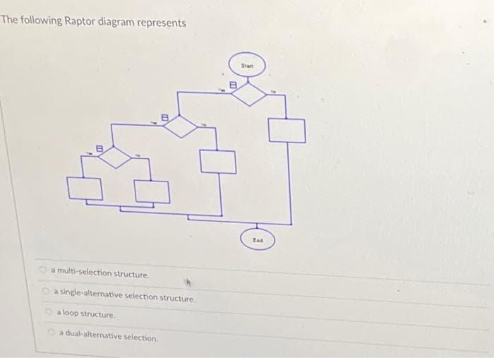 The following Raptor diagram represents
a multi-selection structure.
a single-alternative selection structure.
a loop structure.
Oa dual-alternative selection.
Zad