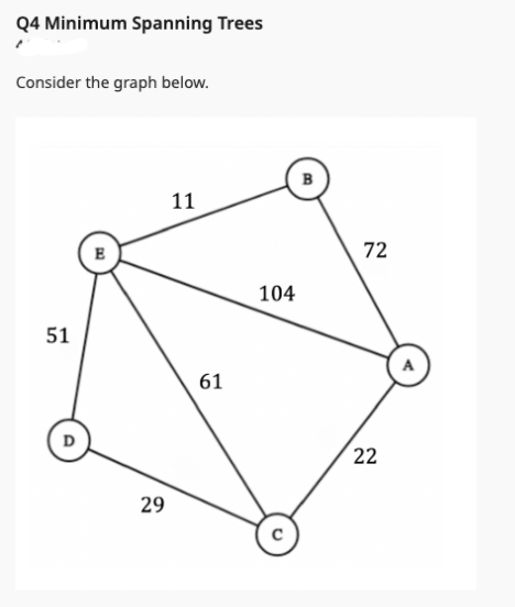 Q4 Minimum Spanning Trees
Consider the graph below.
51
D
B
29
11
61
104
с
B
72
22
A