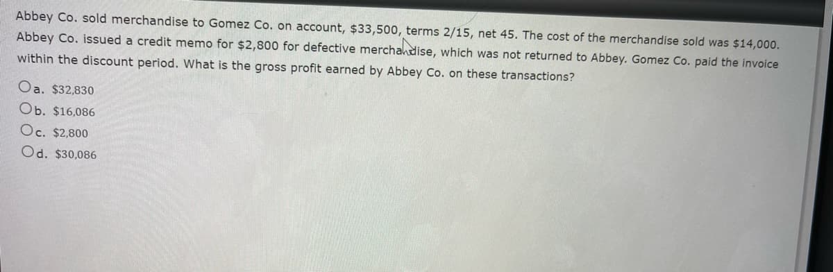 ### Transaction Analysis: Educational Exercise

---

**Scenario:**

Abbey Co. sold merchandise to Gomez Co. on account for $33,500 under the terms 2/15, net 45. The cost of the merchandise sold was $14,000. Subsequently, Abbey Co. issued a credit memo for $2,800 for defective merchandise, which was not returned to Abbey. Gomez Co. paid the invoice within the discount period. 

**Question:**
What is the gross profit earned by Abbey Co. on these transactions?

**Options:**

- a. $32,830
- b. $16,086
- c. $2,800
- d. $30,086

**Solution Explanation:**

1. **Calculate the Invoice Payment Amount:**

    - Original sale amount: $33,500
    - Discount (2% of $33,500) because Gomez Co. paid within the 15-day discount period:  
      \[
      0.02 \times 33500 = 670
      \]
    - Amount after discount:  
      \[
      33500 - 670 = 32830
      \]

    **Note**: Gomez receives a $2,800 credit for defective merchandise not returned.

2. **Total Receivable after Defective Merchandise Credit:**

    - Amount paid by Gomez Co. after discount and credit memo:  
      \[
      32830 - 2800 = 30030
      \]

3. **Gross Profit Calculation:**

    - Revenue from the sale (after discount and credit): \[30030\]
    - Cost of goods sold: \[14000\]
    - Gross Profit:  
      \[
      30030 - 14000 = 16030
      \]

**However, the question is about gross profit earned, so actual revenue recognized should factor in the original sales less returned value:**

- Net revenue: 
  \[
  33500 - 2800 = 30700
  \]

- Gross Profit adjustment:
  \[
  30700 - 14000 = 16700
  \]

Therefore, the correct gross profit amount is **$16,700**

**Final Answer:**
None of the given options match the correct gross profit of **$16,700**. Ensure to verify calculations according to the standard accounting practices to confirm the correct choice, if mis