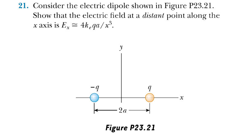 21. Consider the electric dipole shown in Figure P23.21.
Show that the electric field at a distant point along the
x axis is E, = 4k qa /x³.
-1
2a
Figure P23.21
