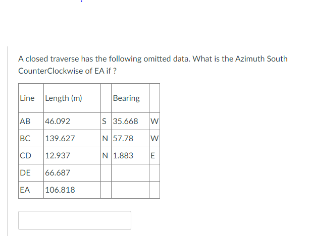 A closed traverse has the following omitted data. What is the Azimuth South
CounterClockwise of EA if ?
Line Length (m)
Bearing
AB
46.092
s 35.668
BC
|139.627
N 57.78
w
CD
12.937
N 1.883
E
DE
66.687
EA
106.818
