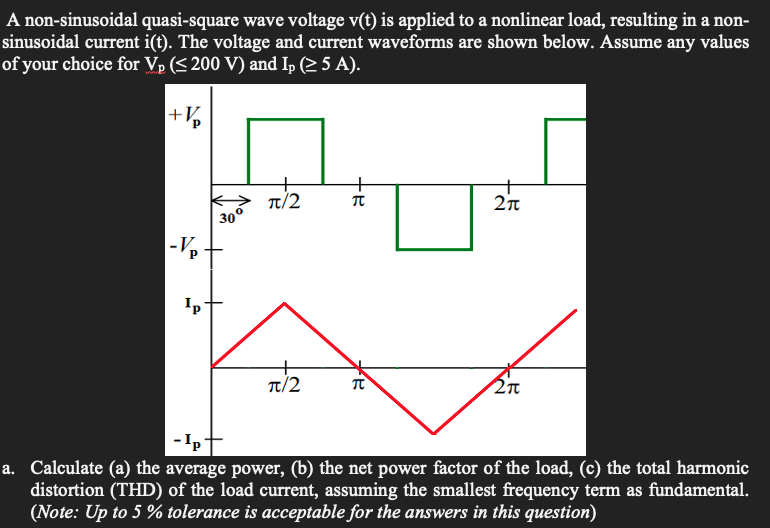 A non-sinusoidal quasi-square wave voltage v(t) is applied to a nonlinear load, resulting in a non-
sinusoidal current i(t). The voltage and current waveforms are shown below. Assume any values
of your choice for V₂ (≤200 V) and Ip (≥ 5 A).
+V₂
-Vp
Ip
30°
π/2
π/2
-R
π
π
2π
2π
- Ip
a. Calculate (a) the average power, (b) the net power factor of the load, (c) the total harmonic
distortion (THD) of the load current, assuming the smallest frequency term as fundamental.
(Note: Up to 5% tolerance is acceptable for the answers in this question)