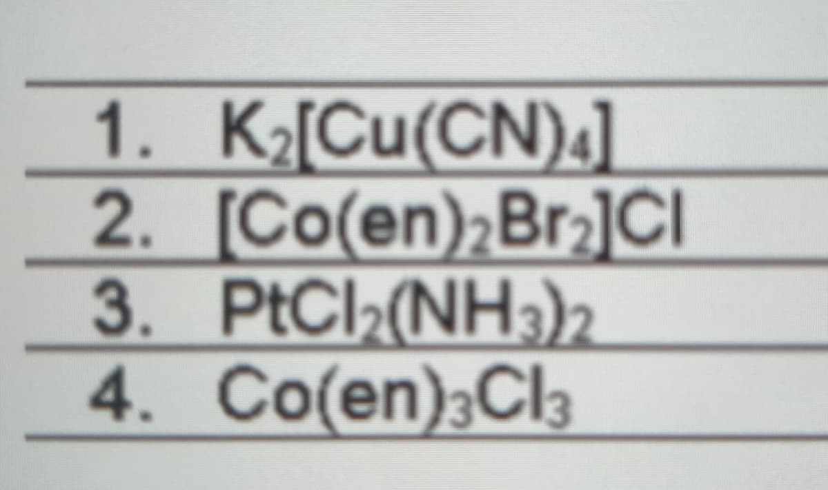 1. K¿[Cu(CN),]l
2. [Co(en);Br2]CI
3. PtCl>(NH3)2
4. Co(en)3CI3
